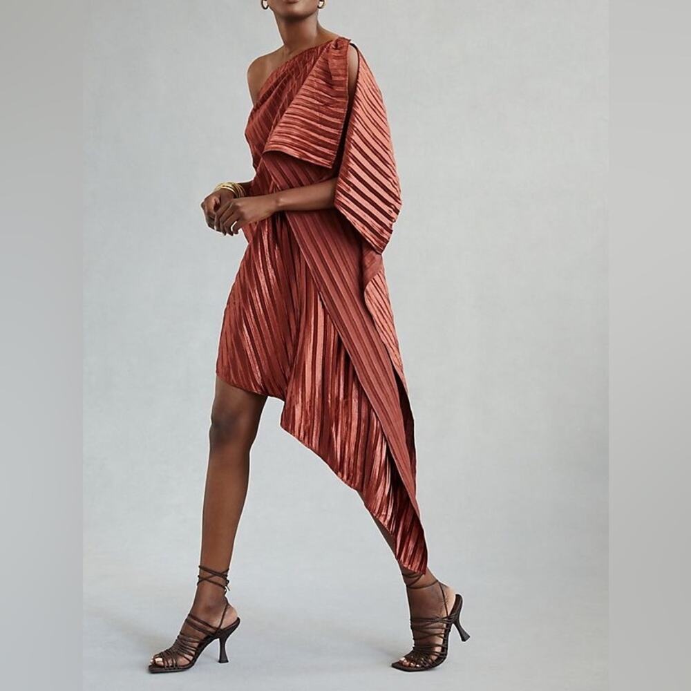Anthropologie Guapa Pleated Satin One-Shoulder Mini Dress Bronze Size 6 New - Picture 2 of 13
